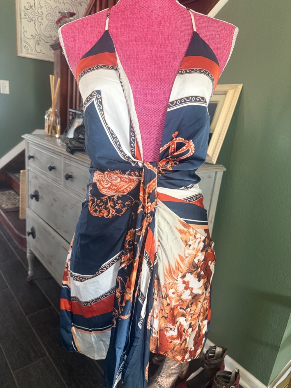Fashion Nova Navy, White & Orange Printed Wrap Mini Dress